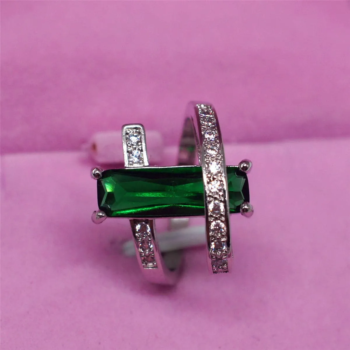 Green Crystal & Cubic Zirconia Geometric Ring