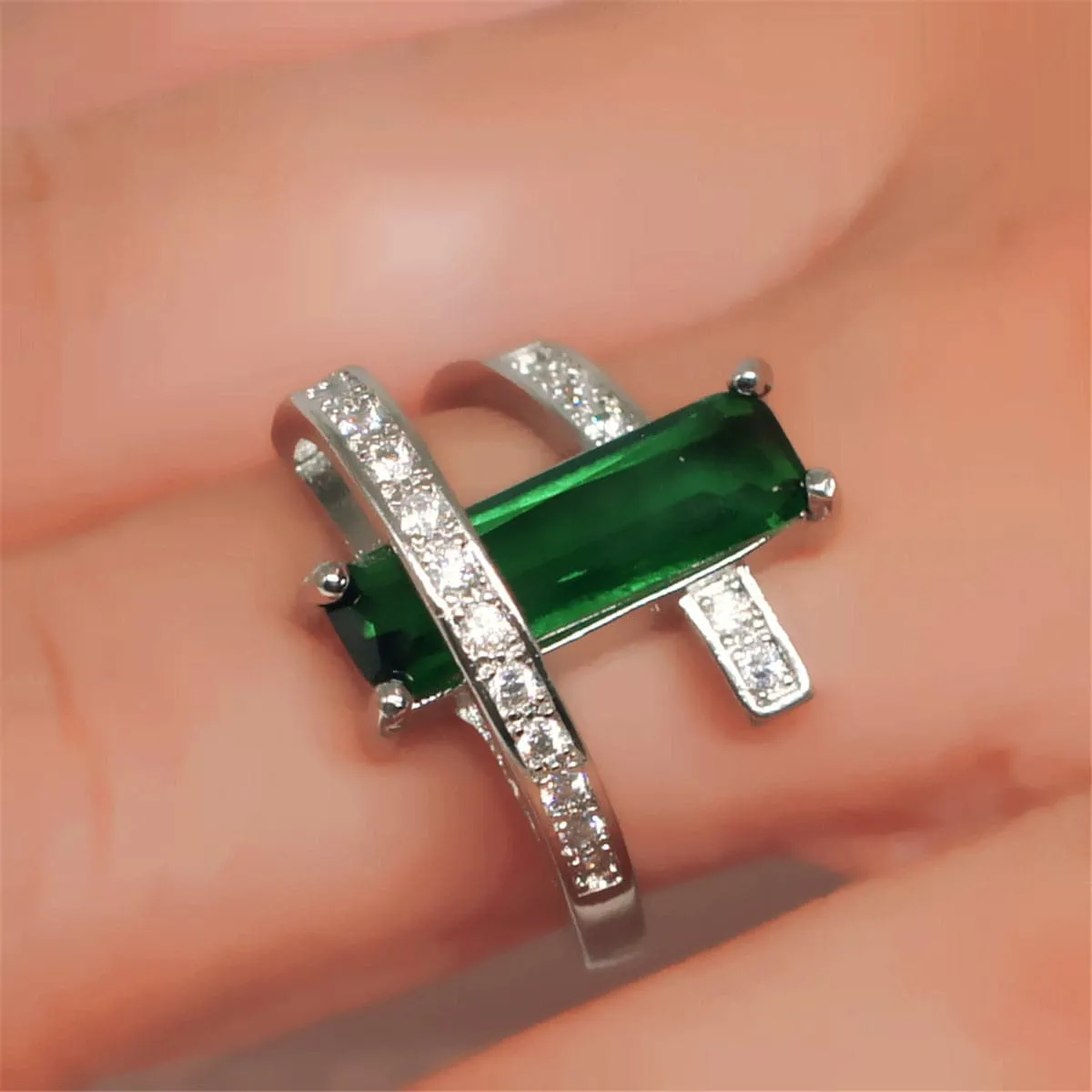 Green Crystal & Cubic Zirconia Geometric Ring