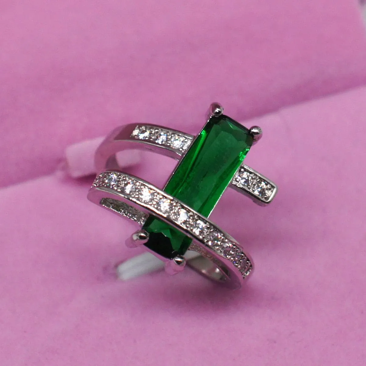 Green Crystal & Cubic Zirconia Geometric Ring