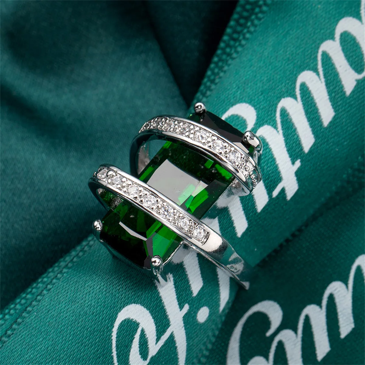 Green Crystal & Cubic Zirconia Pavé Wrap Emerald-Cut Ring