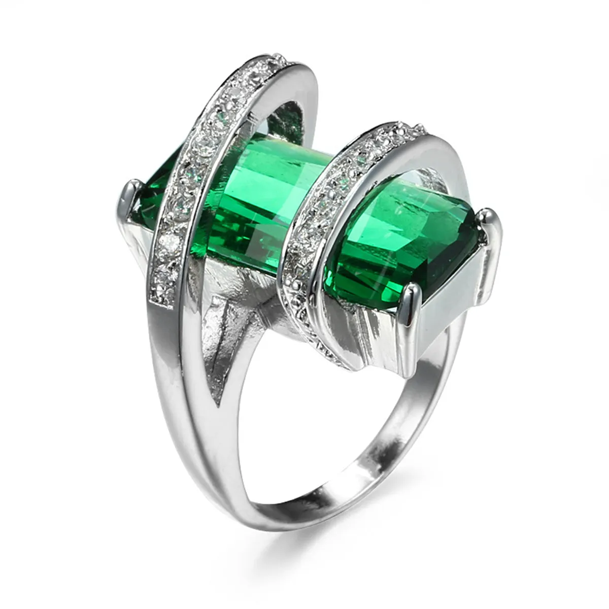 Green Crystal & Cubic Zirconia Pavé Wrap Emerald-Cut Ring