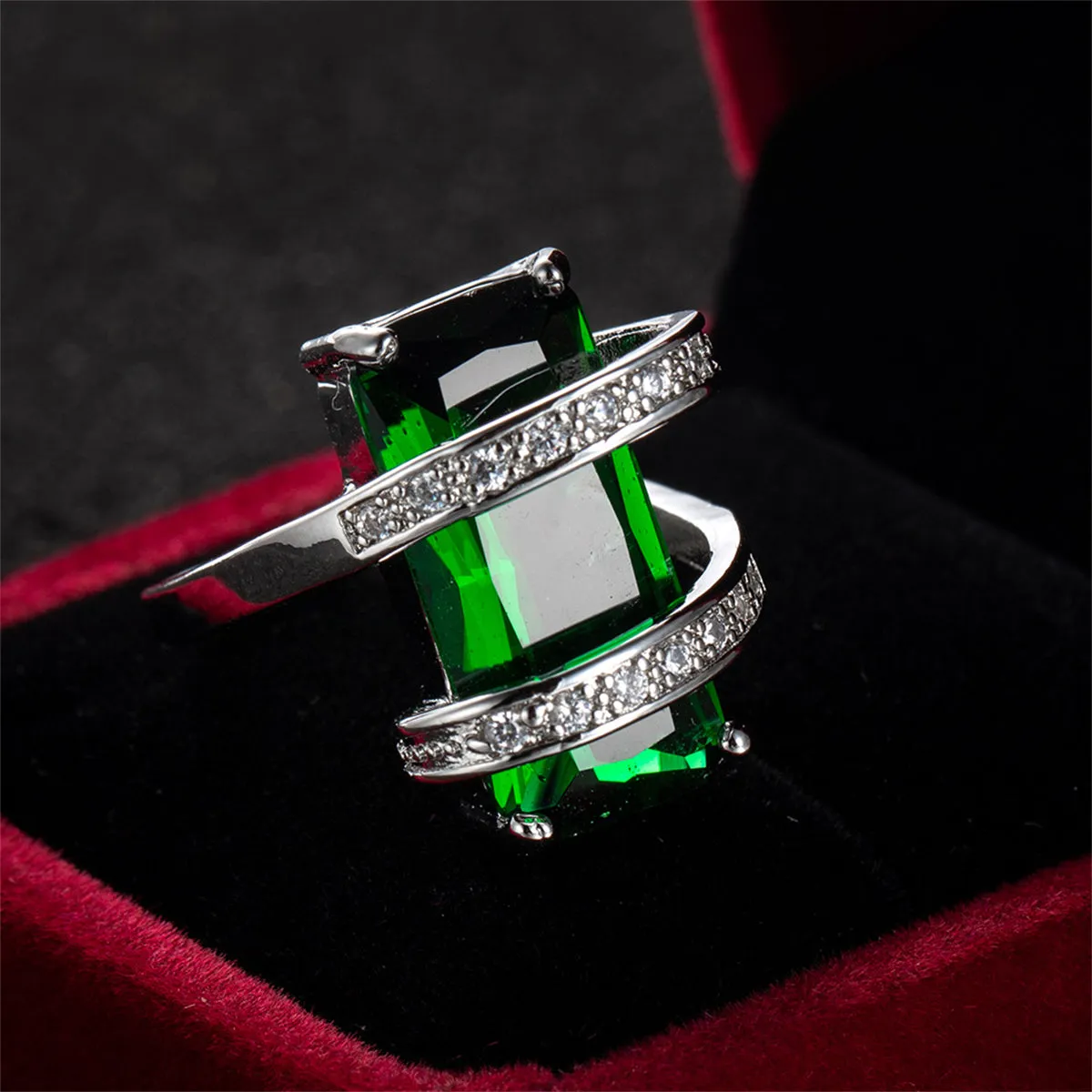 Green Crystal & Cubic Zirconia Pavé Wrap Emerald-Cut Ring