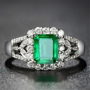 Green Crystal & Silver-Plated Halo Radiant-Cut Adjustable Ring