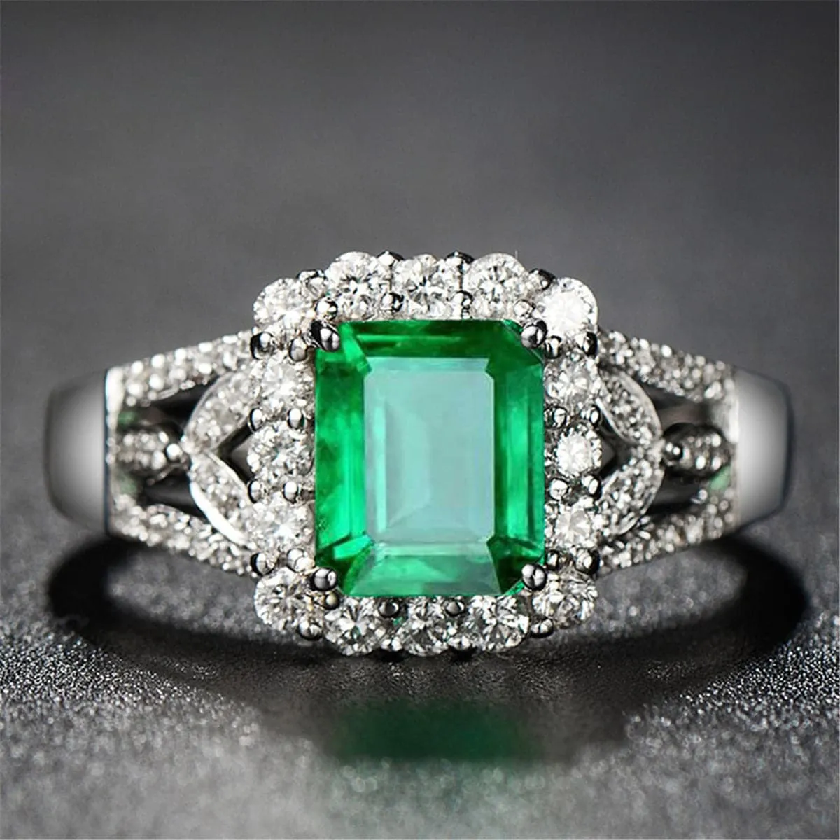Green Crystal & Silver-Plated Halo Radiant-Cut Adjustable Ring