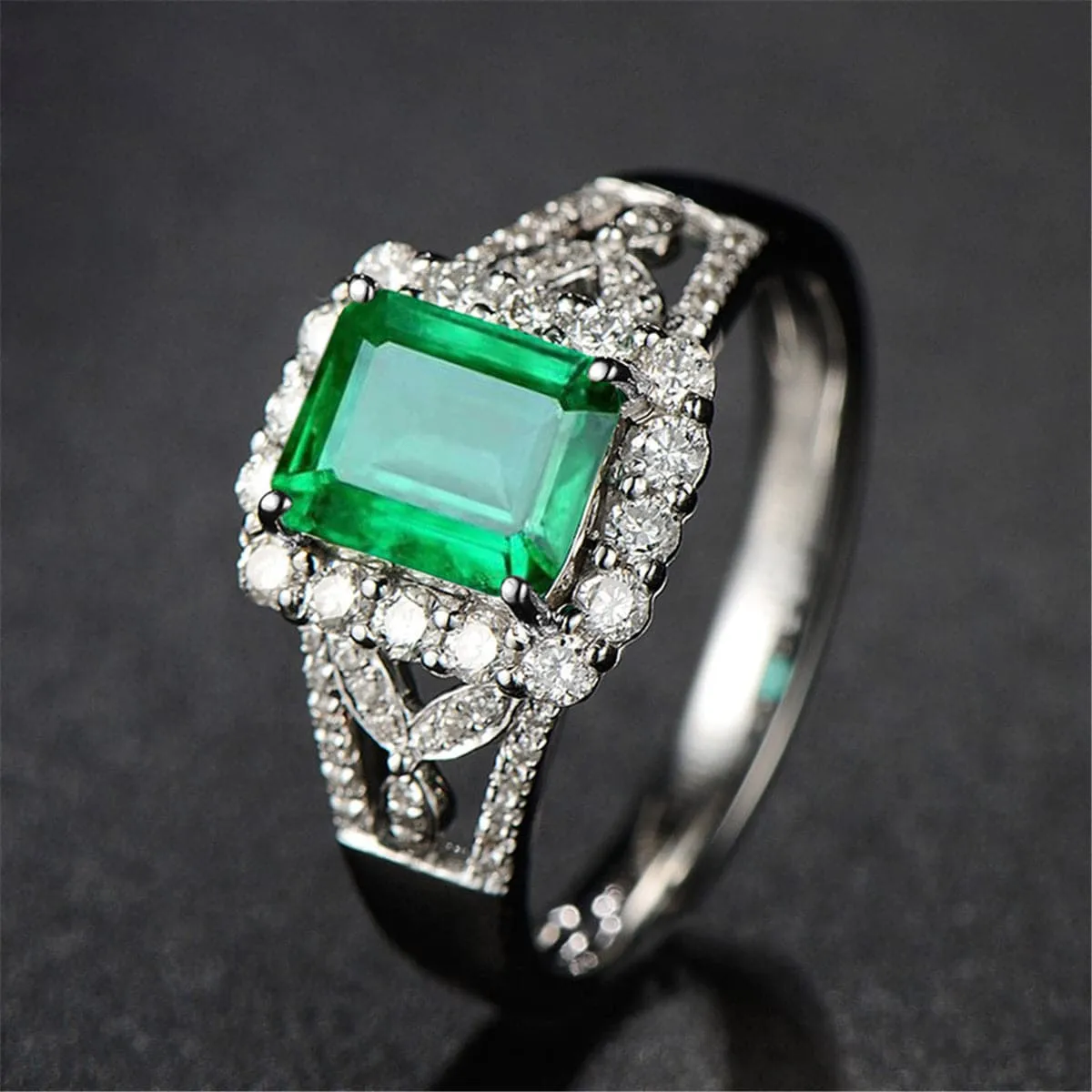 Green Crystal & Silver-Plated Halo Radiant-Cut Adjustable Ring