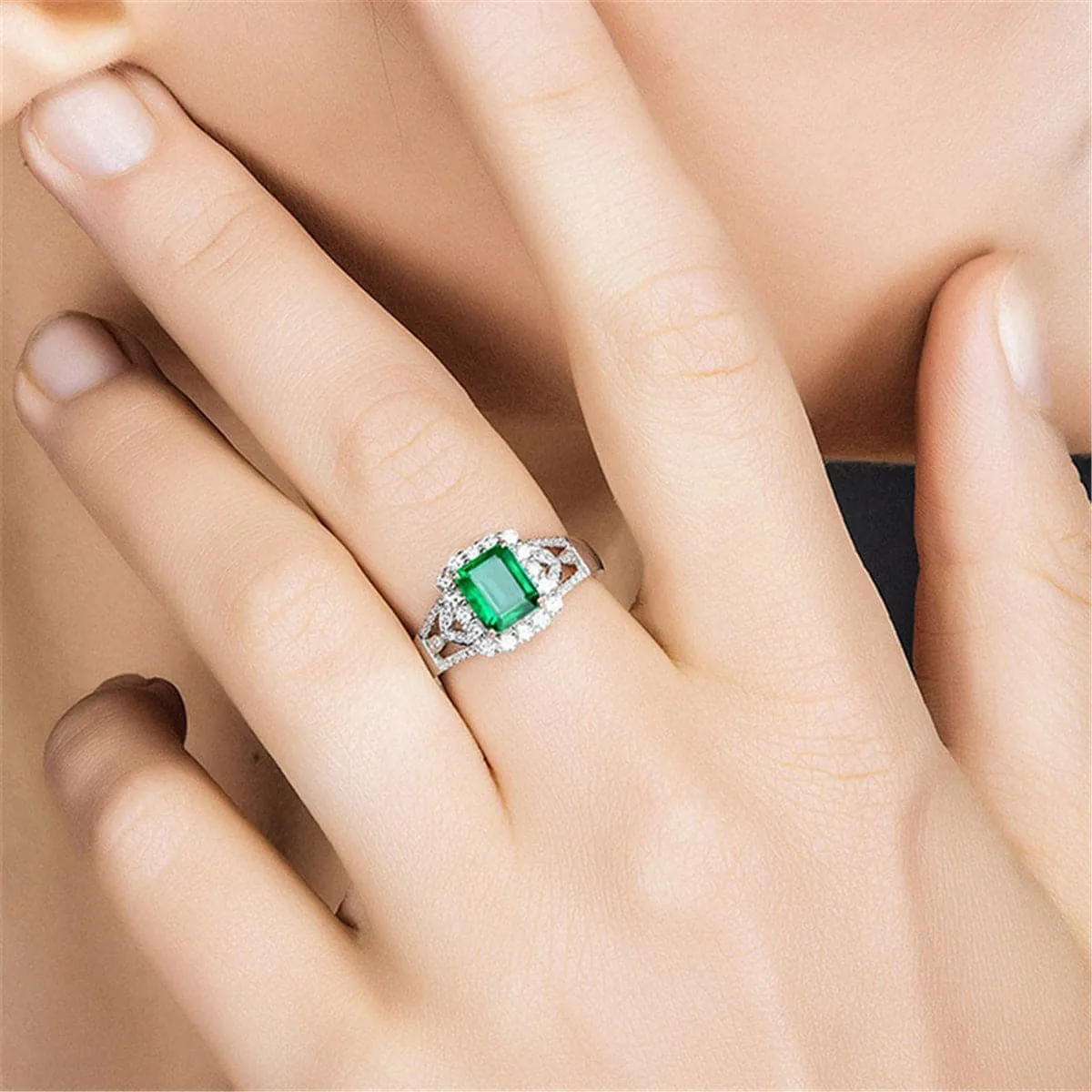 Green Crystal & Silver-Plated Halo Radiant-Cut Adjustable Ring