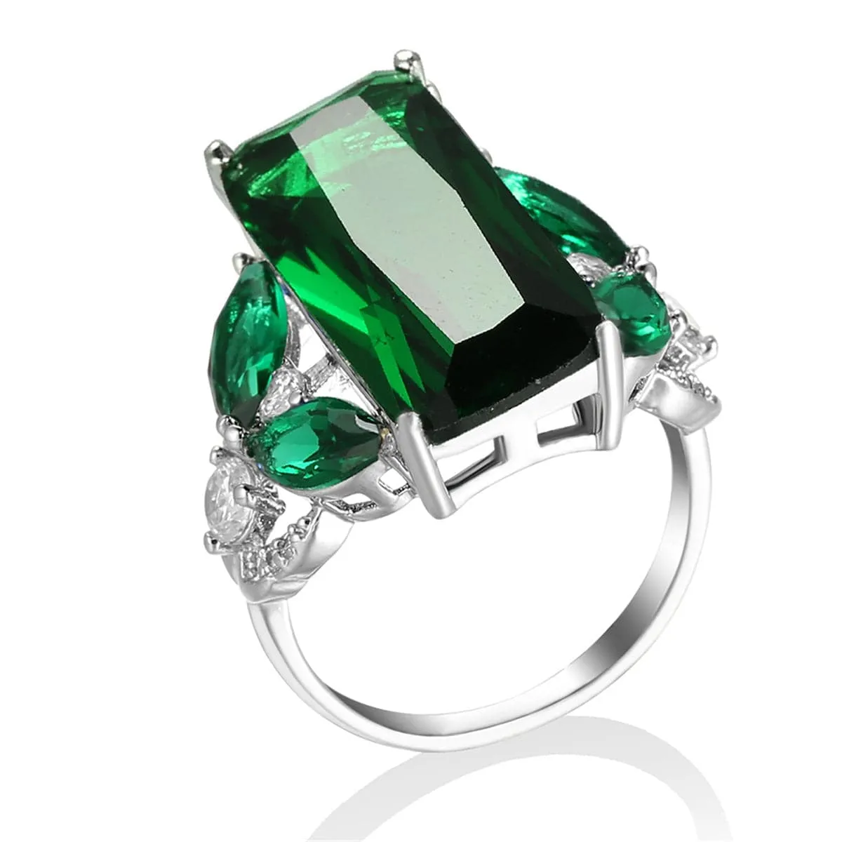 Green Rectangle Crystal & Cubic Zirconia Ring