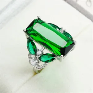 Green Rectangle Crystal & Cubic Zirconia Ring