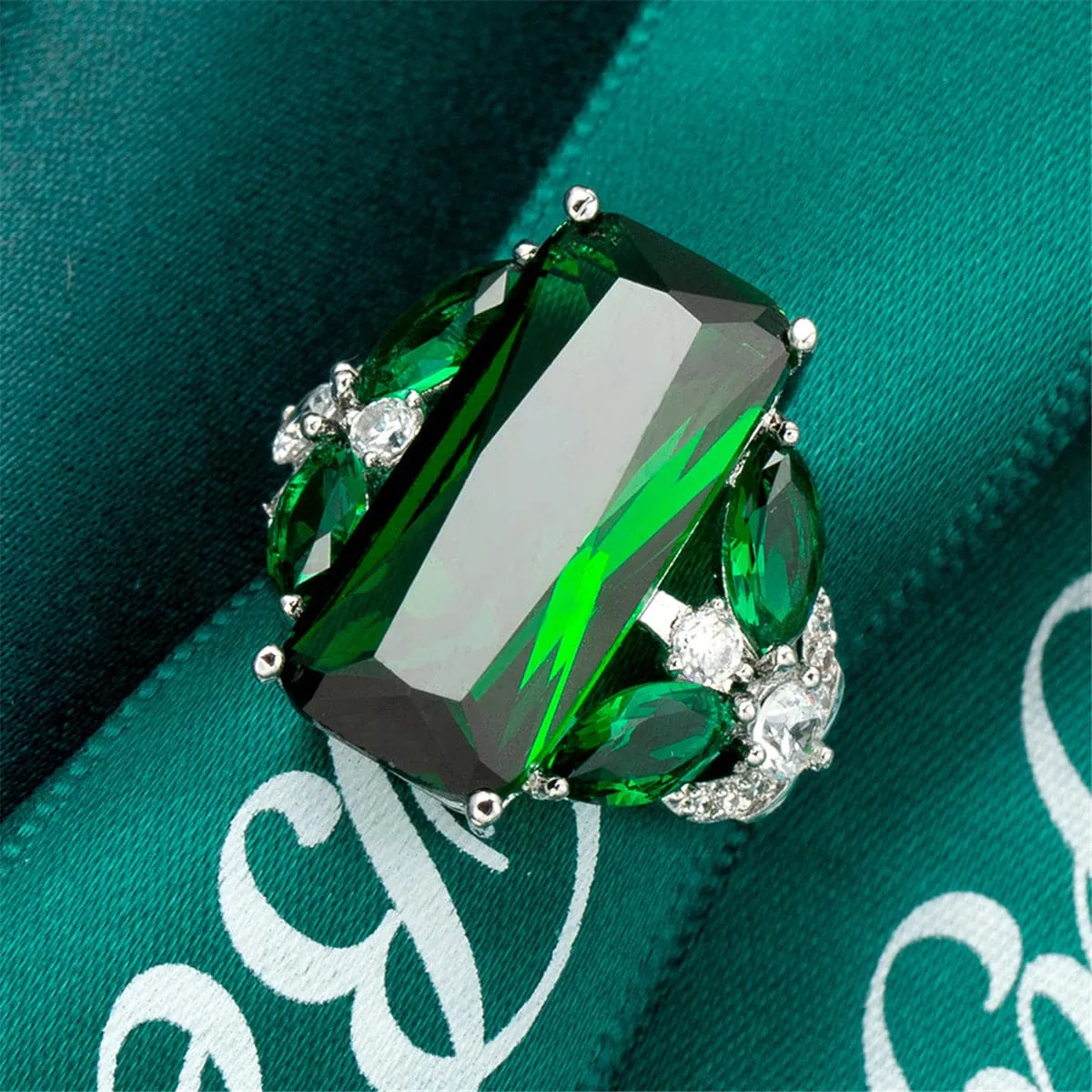 Green Rectangle Crystal & Cubic Zirconia Ring