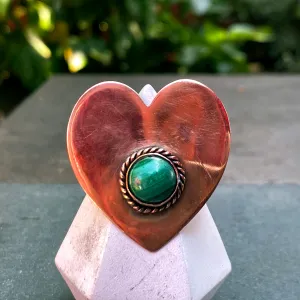 Handmade copper heart with Malicite gemstone ring
