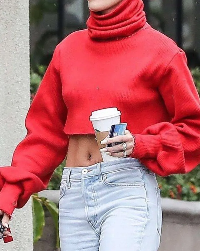 High-collared Lantern Sleeve Crop Tops Sweaters Red