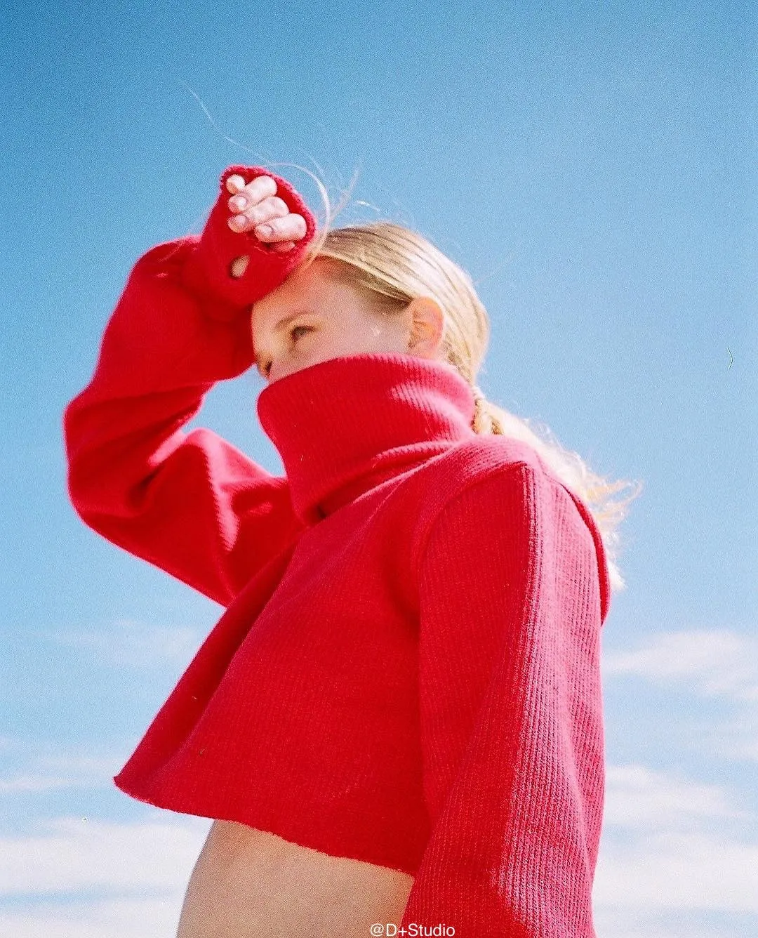 High-collared Lantern Sleeve Crop Tops Sweaters Red