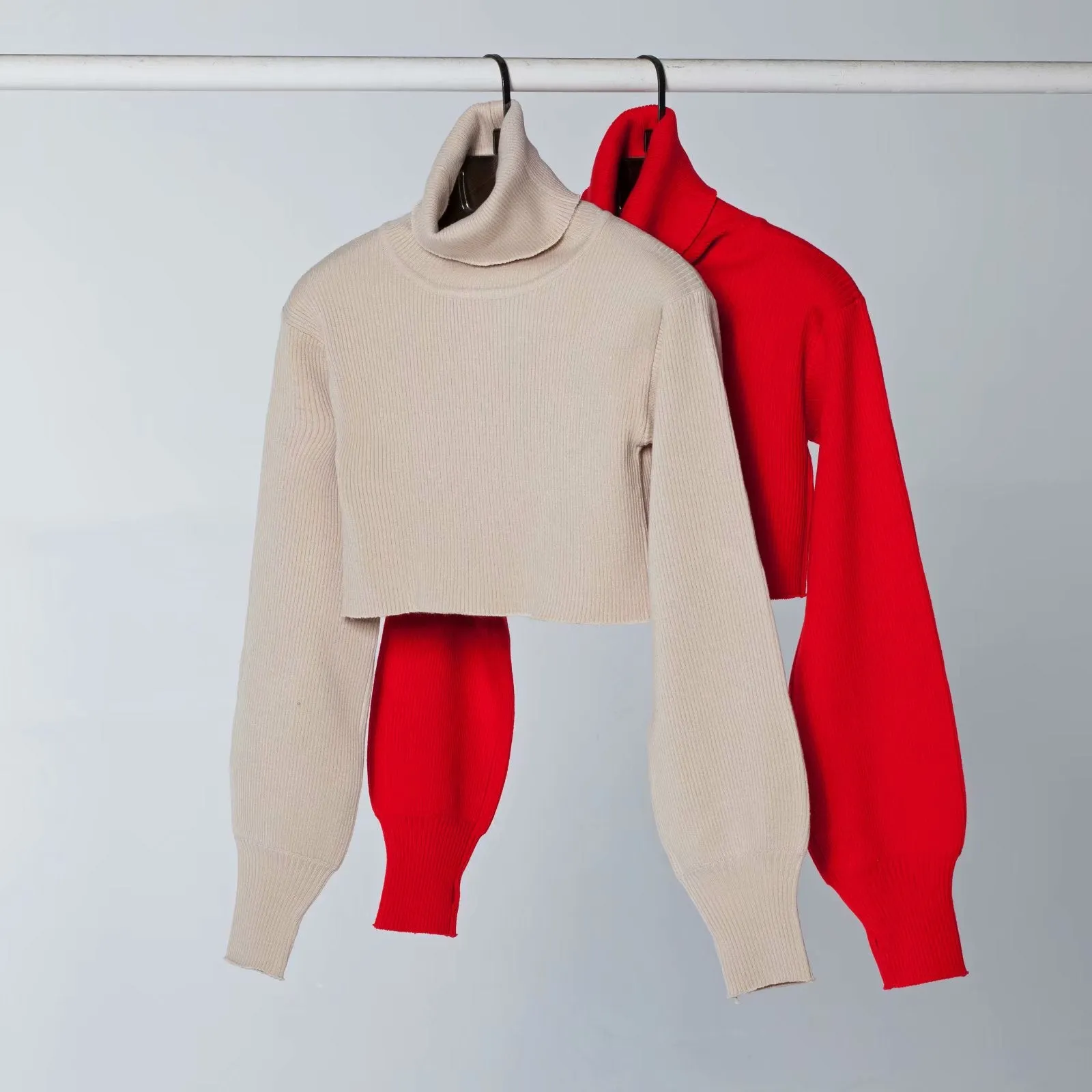 High-collared Lantern Sleeve Crop Tops Sweaters Red