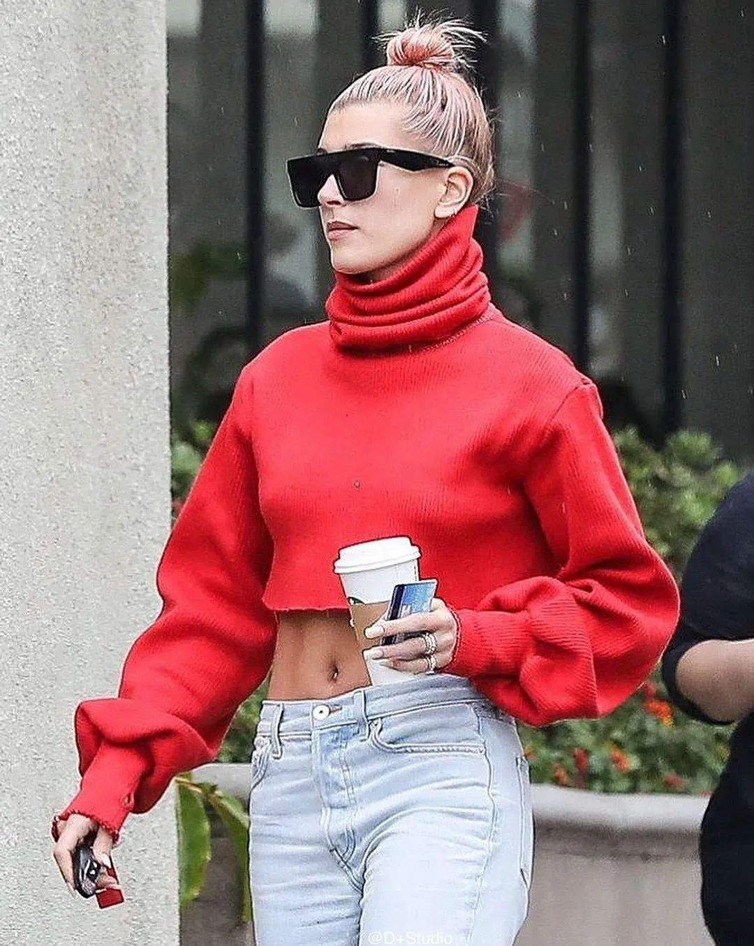 High-collared Lantern Sleeve Crop Tops Sweaters Red