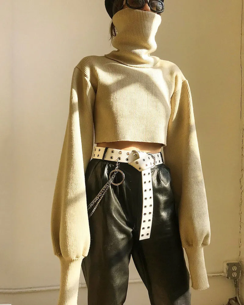 High-collared Lantern Sleeve Crop Tops Sweaters Red