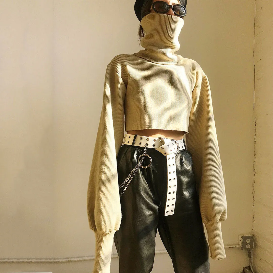 High-collared Lantern Sleeve Crop Tops Sweaters Red