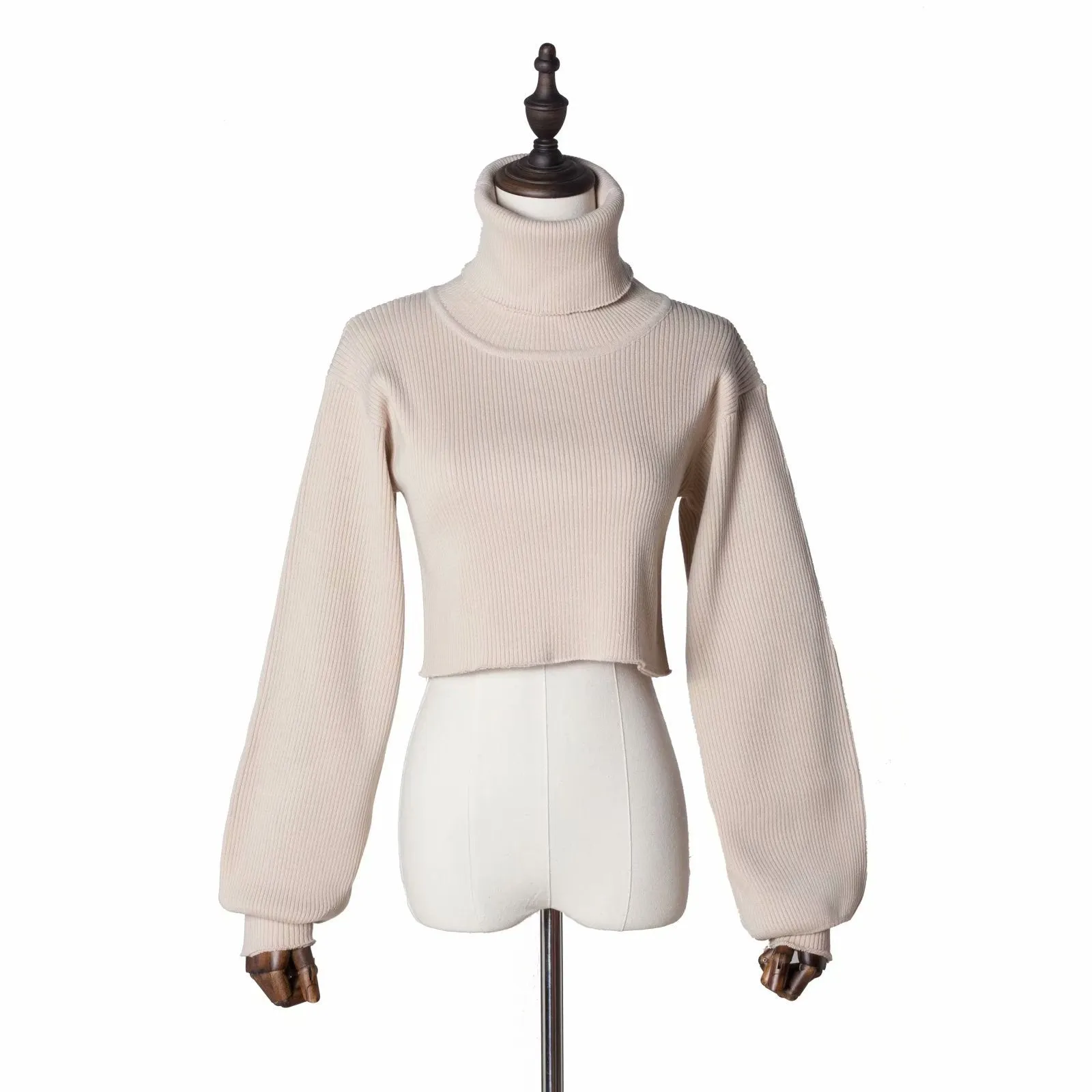 High-collared Lantern Sleeve Crop Tops Sweaters Red