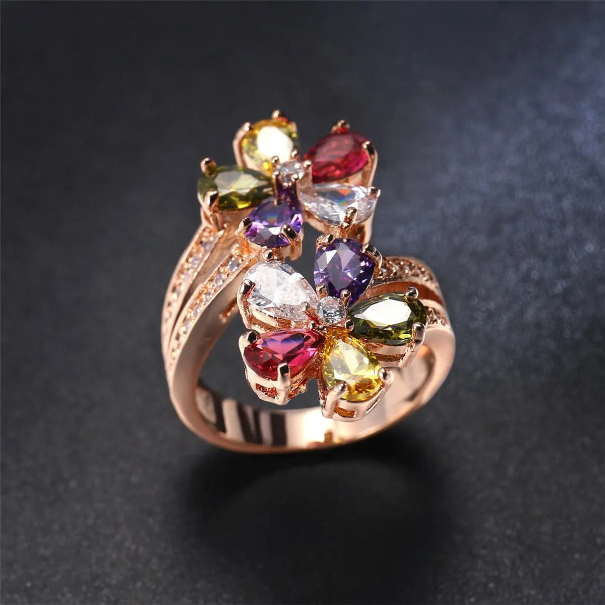 Jewel-Tone Cubic Zirconia & 18K Rose Gold-Plated Clover Ring