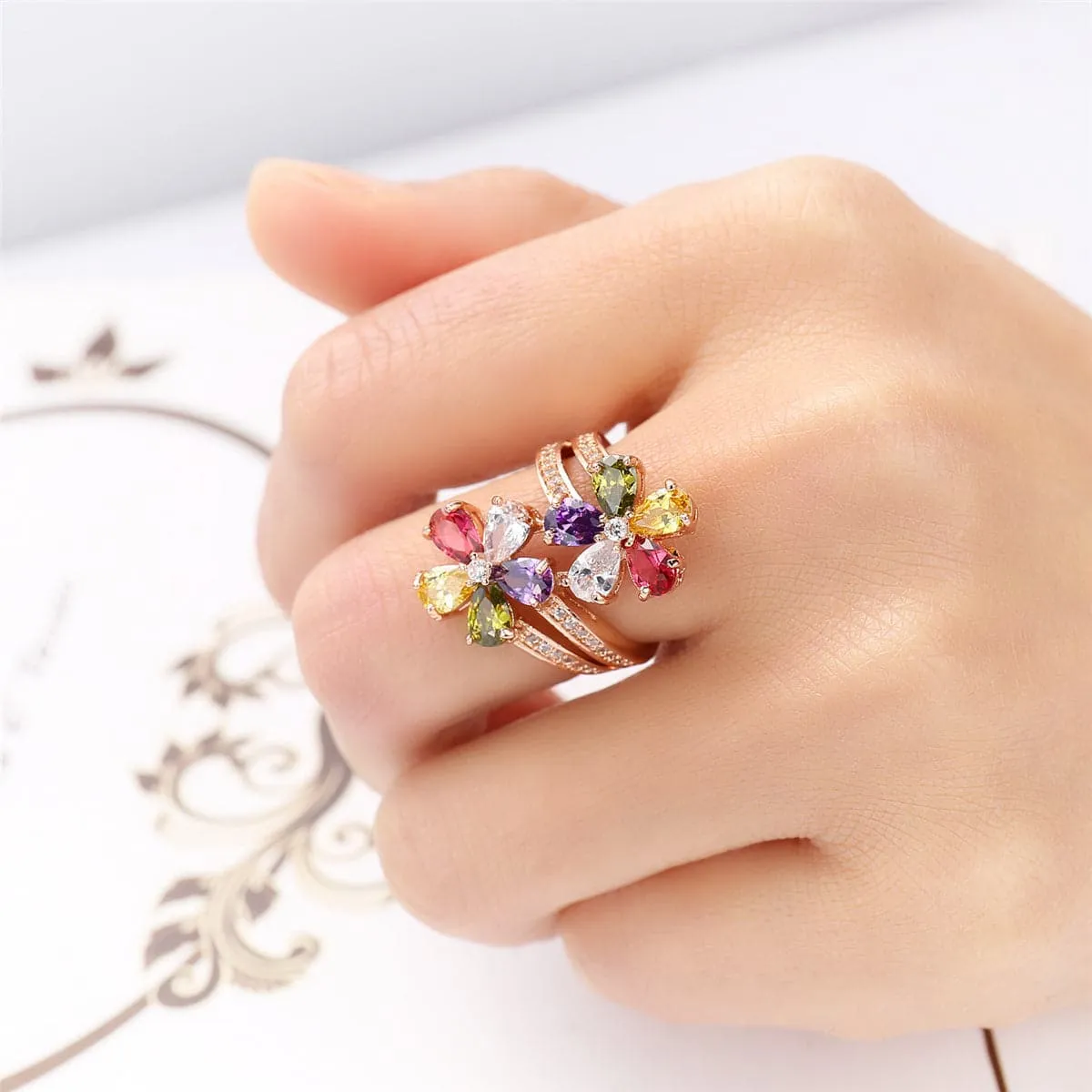 Jewel-Tone Cubic Zirconia & 18K Rose Gold-Plated Clover Ring