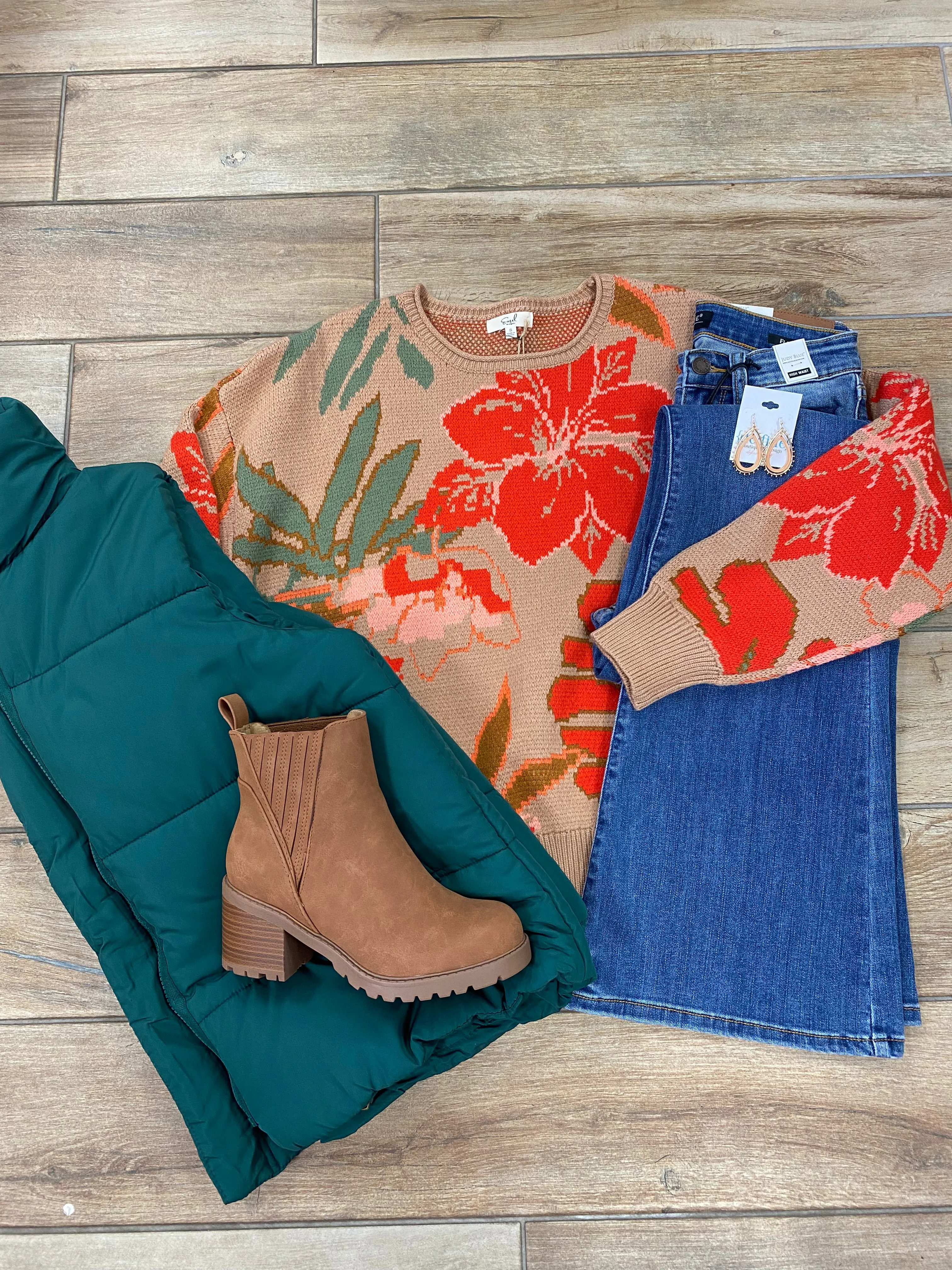 Khaki and Orange Floral Sweater