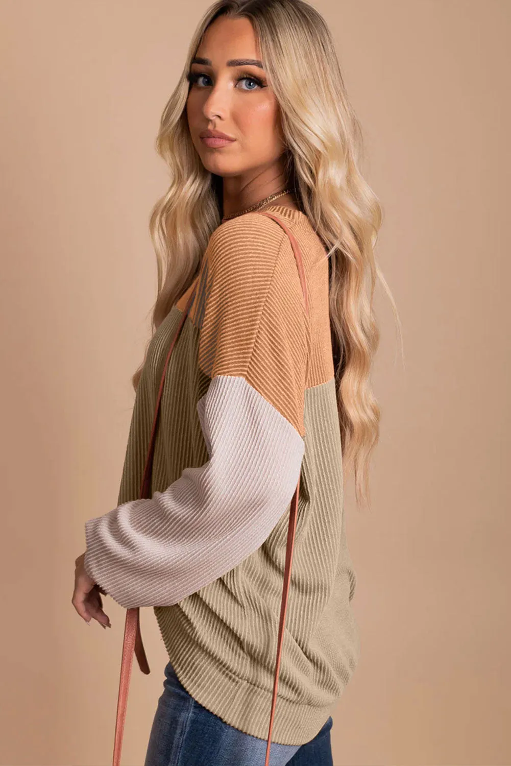 Khaki Black Color Block Long Sleeve Cording Loose Top