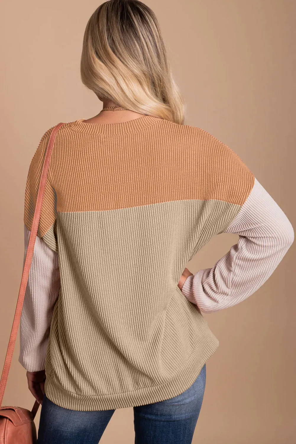 Khaki Black Color Block Long Sleeve Cording Loose Top