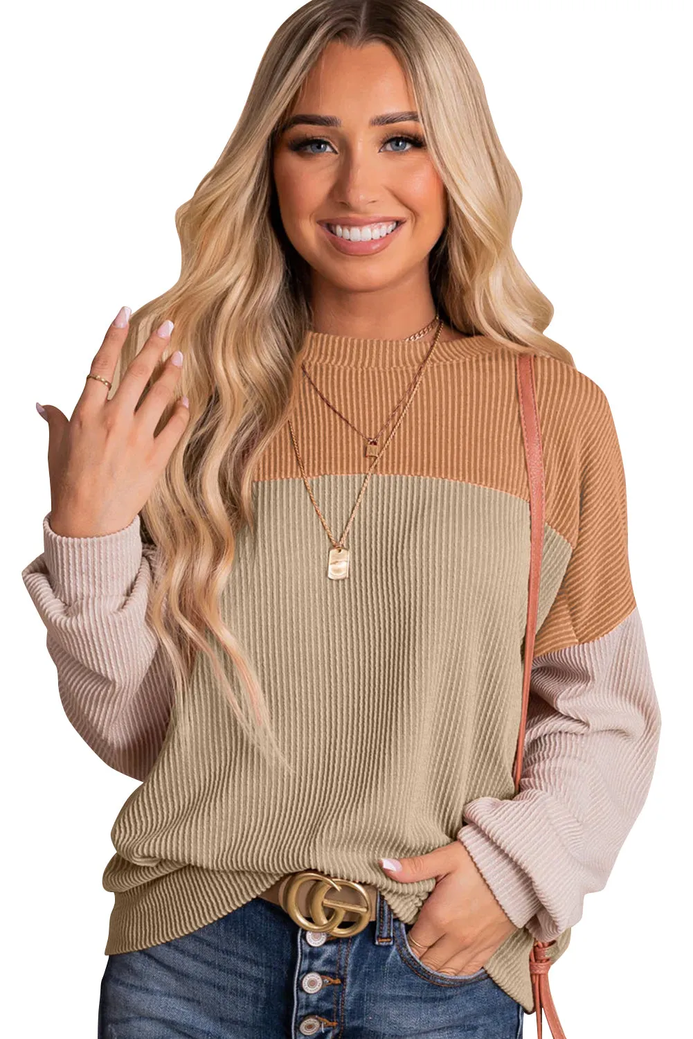 Khaki Black Color Block Long Sleeve Cording Loose Top