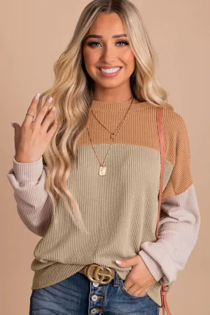 Khaki Black Color Block Long Sleeve Cording Loose Top