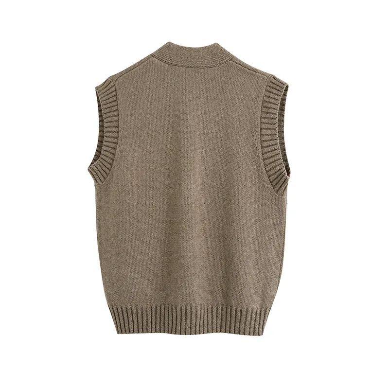Khaki Knitting V-neck Single-breasted Vest Shorts Cardigans Two-piece Set