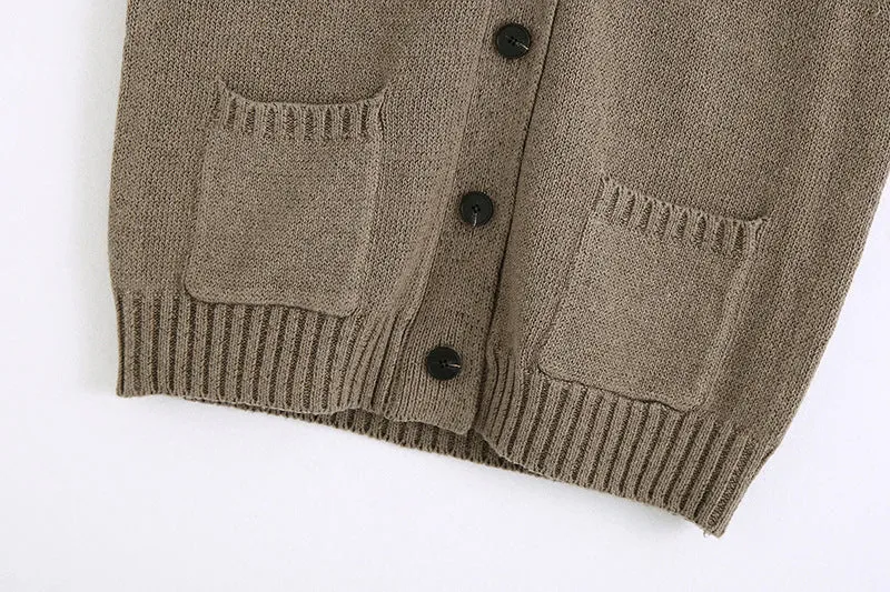 Khaki Knitting V-neck Single-breasted Vest Shorts Cardigans Two-piece Set