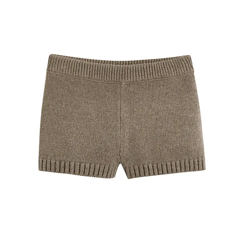 Khaki Knitting V-neck Single-breasted Vest Shorts Cardigans Two-piece Set