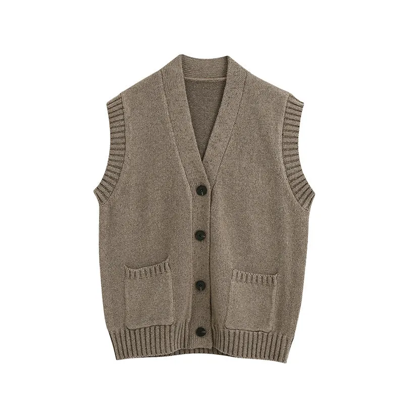 Khaki Knitting V-neck Single-breasted Vest Shorts Cardigans Two-piece Set