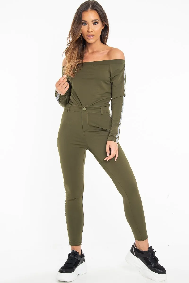 Khaki Reflective Stripe Side Bardot Crop Top - Reece
