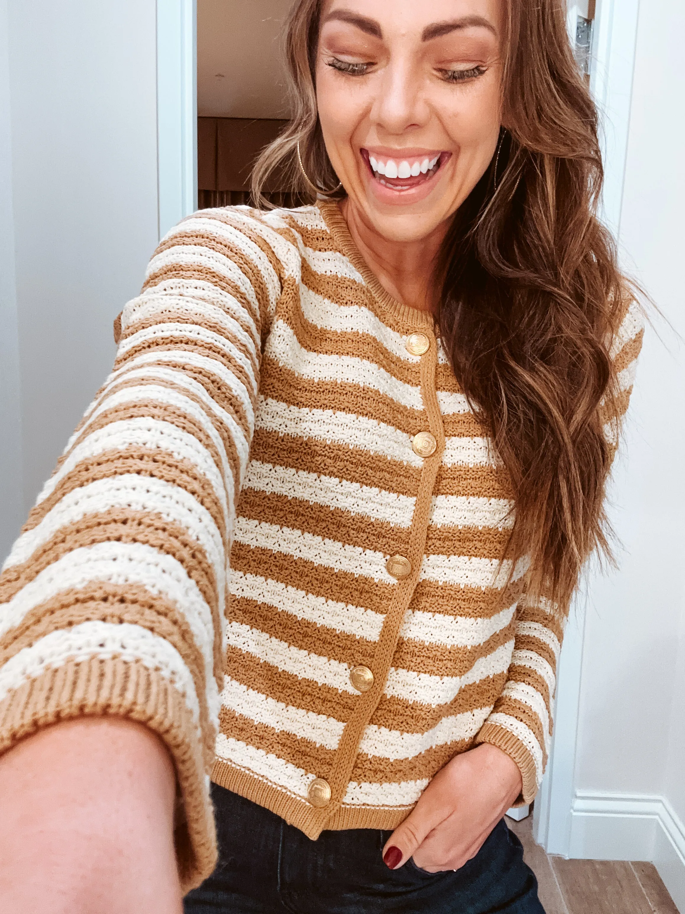 Khaki Stripe Crochet Knit Button Sweater