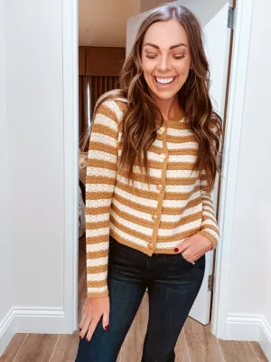 Khaki Stripe Crochet Knit Button Sweater