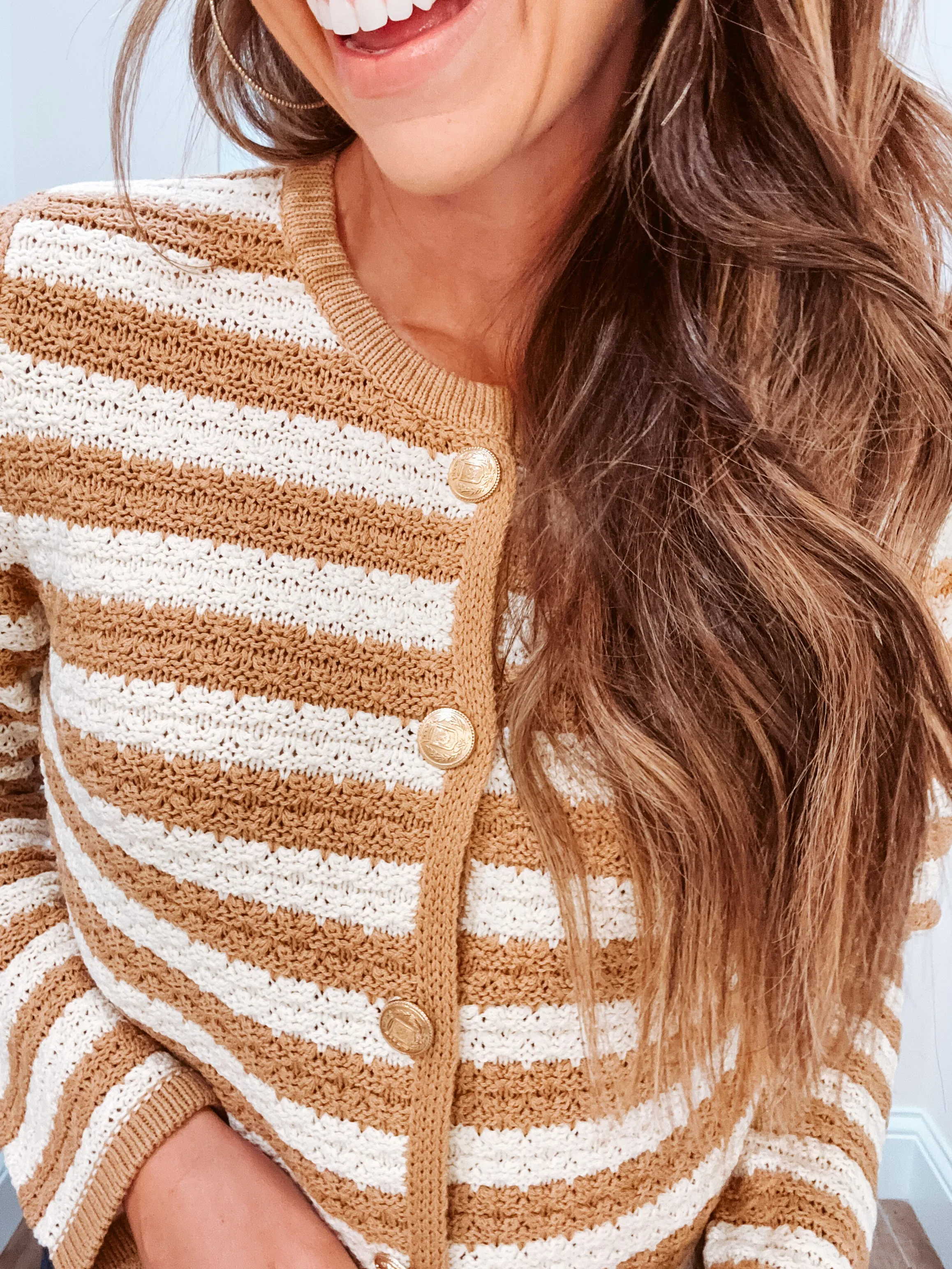 Khaki Stripe Crochet Knit Button Sweater