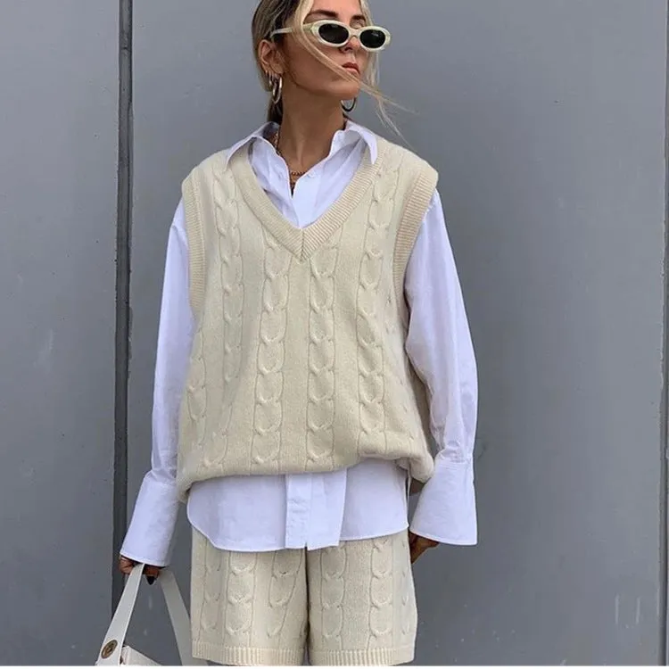 Knit V-neck Vest Sweaters Pants Two-piece Set