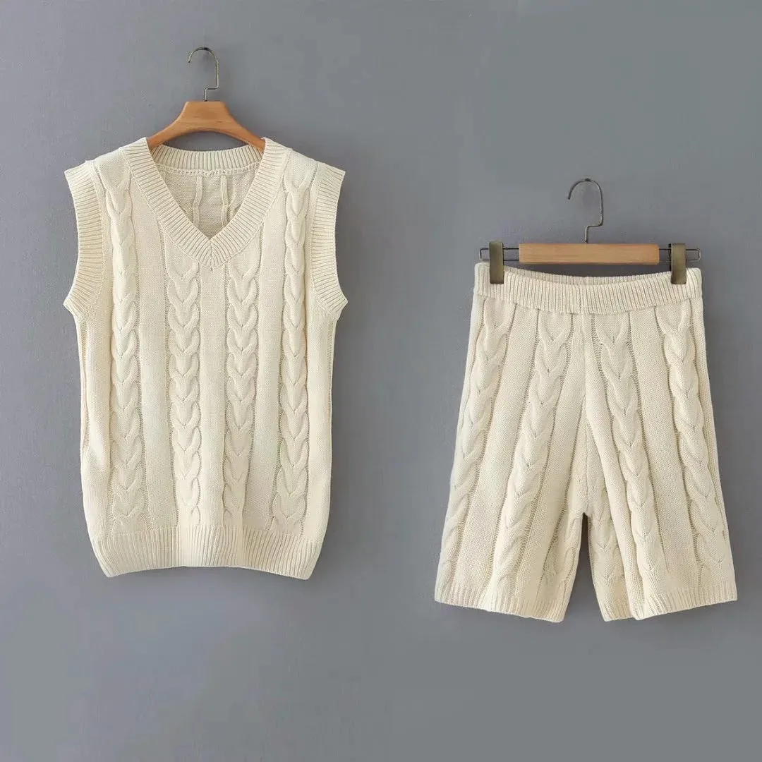 Knit V-neck Vest Sweaters Pants Two-piece Set