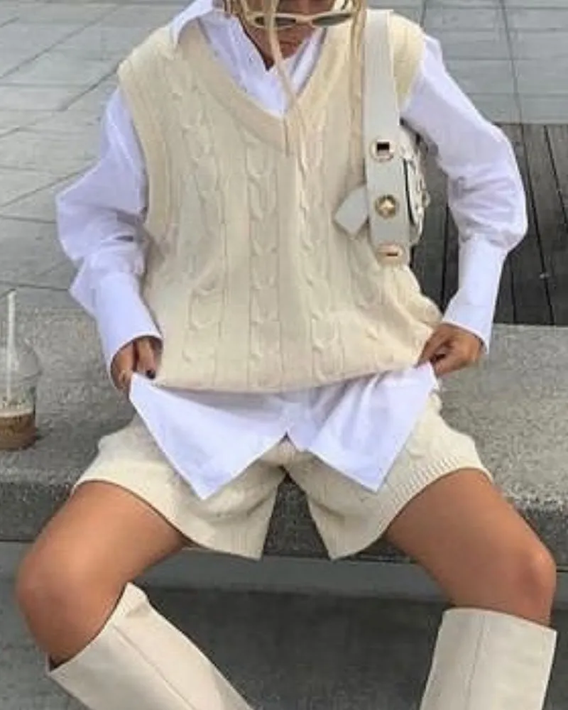 Knit V-neck Vest Sweaters Pants Two-piece Set