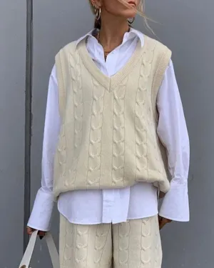 Knit V-neck Vest Sweaters Pants Two-piece Set