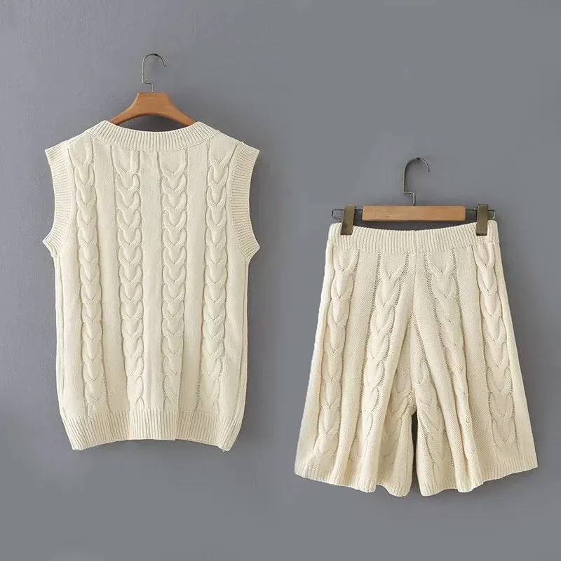 Knit V-neck Vest Sweaters Pants Two-piece Set