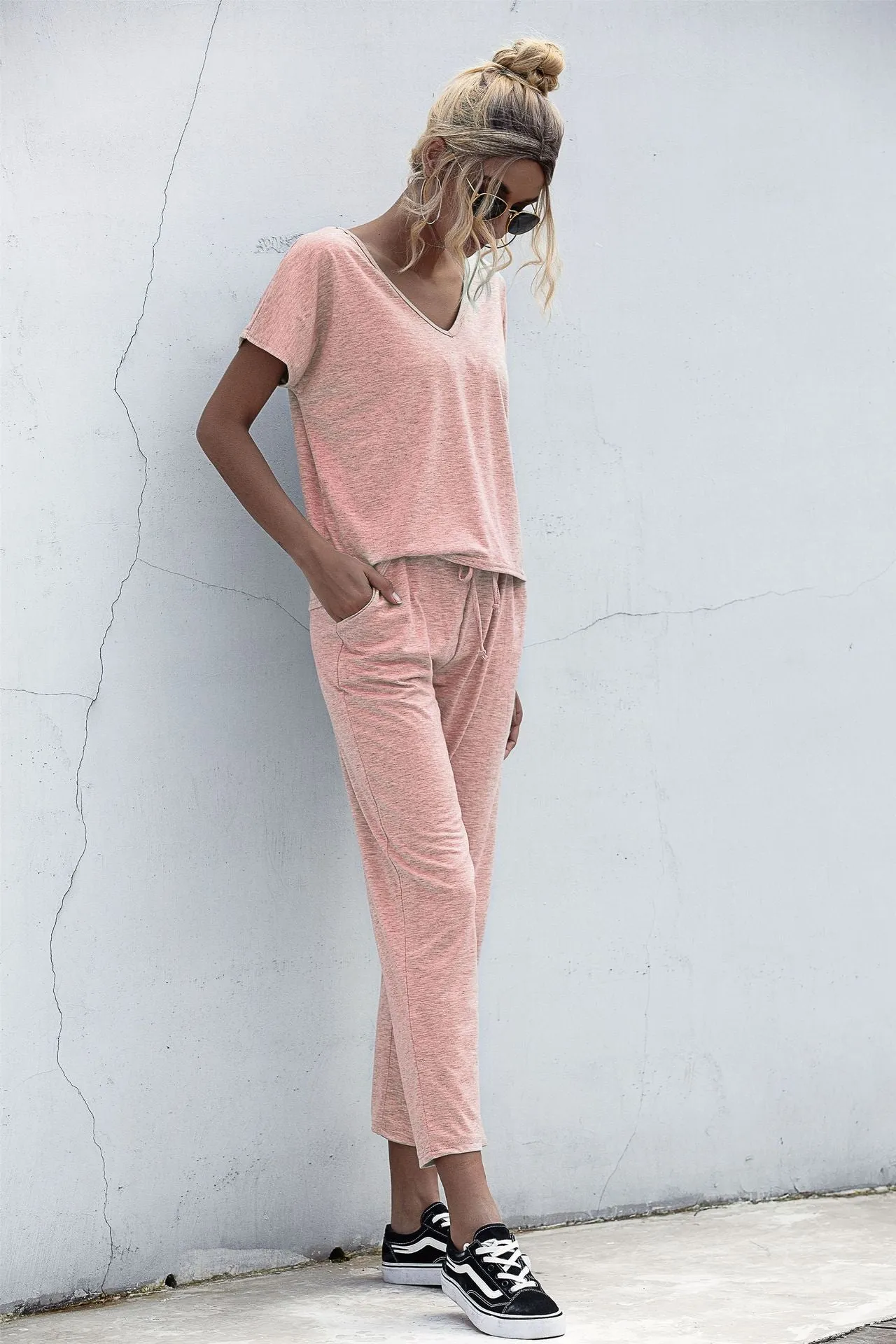 Lace-up Short Sleeve Two-piece One Shoulder Loungewear With Pocket