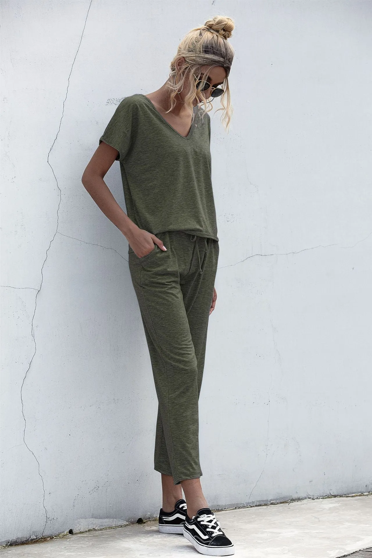 Lace-up Short Sleeve Two-piece One Shoulder Loungewear With Pocket
