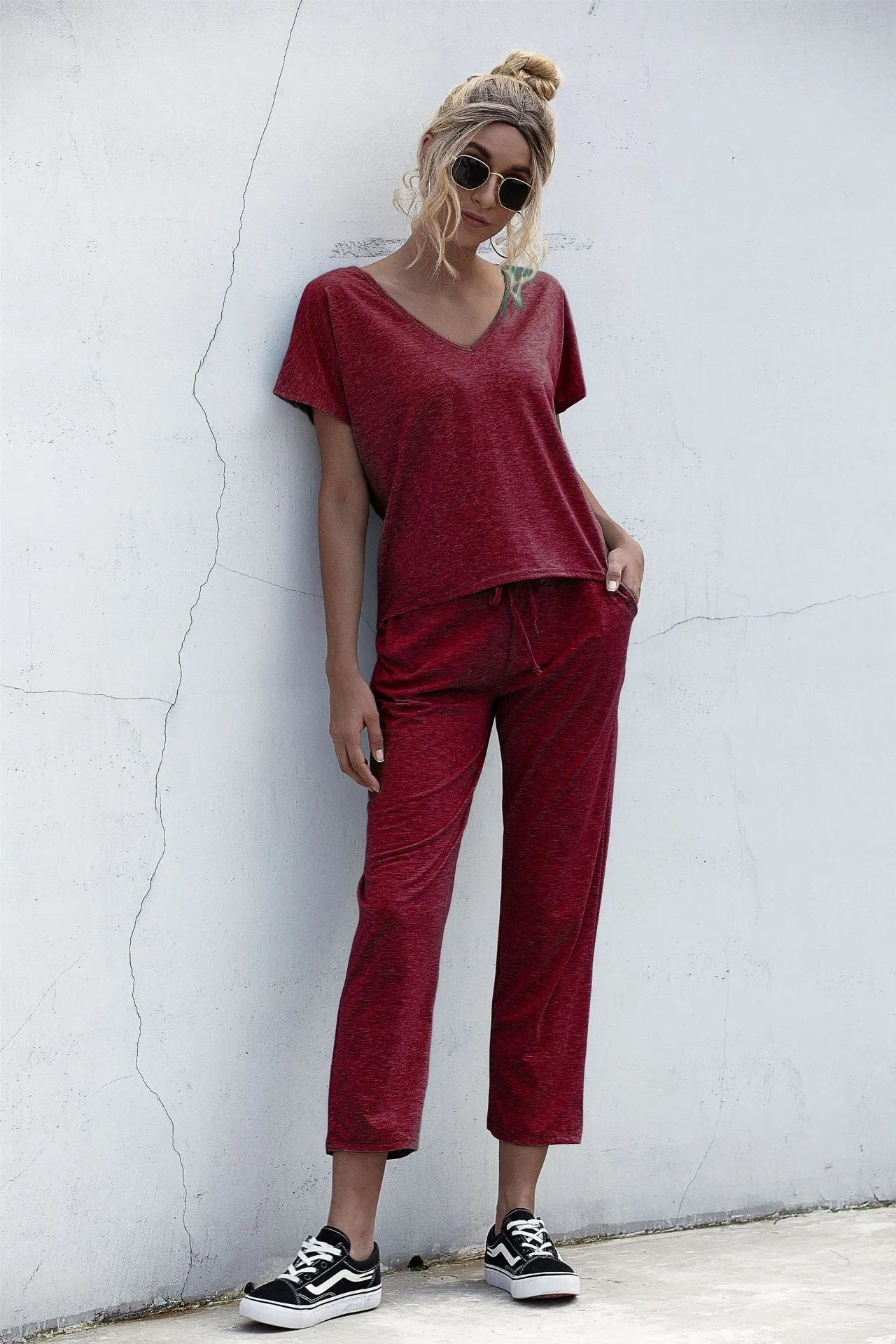 Lace-up Short Sleeve Two-piece One Shoulder Loungewear With Pocket