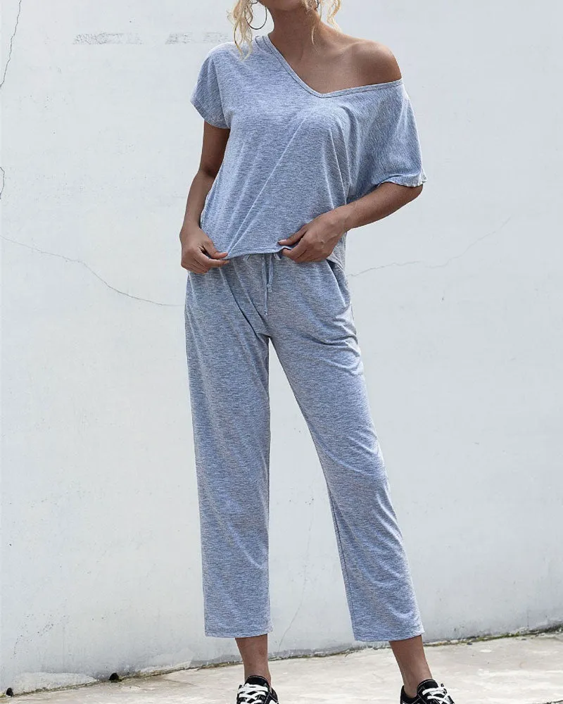 Lace-up Short Sleeve Two-piece One Shoulder Loungewear With Pocket