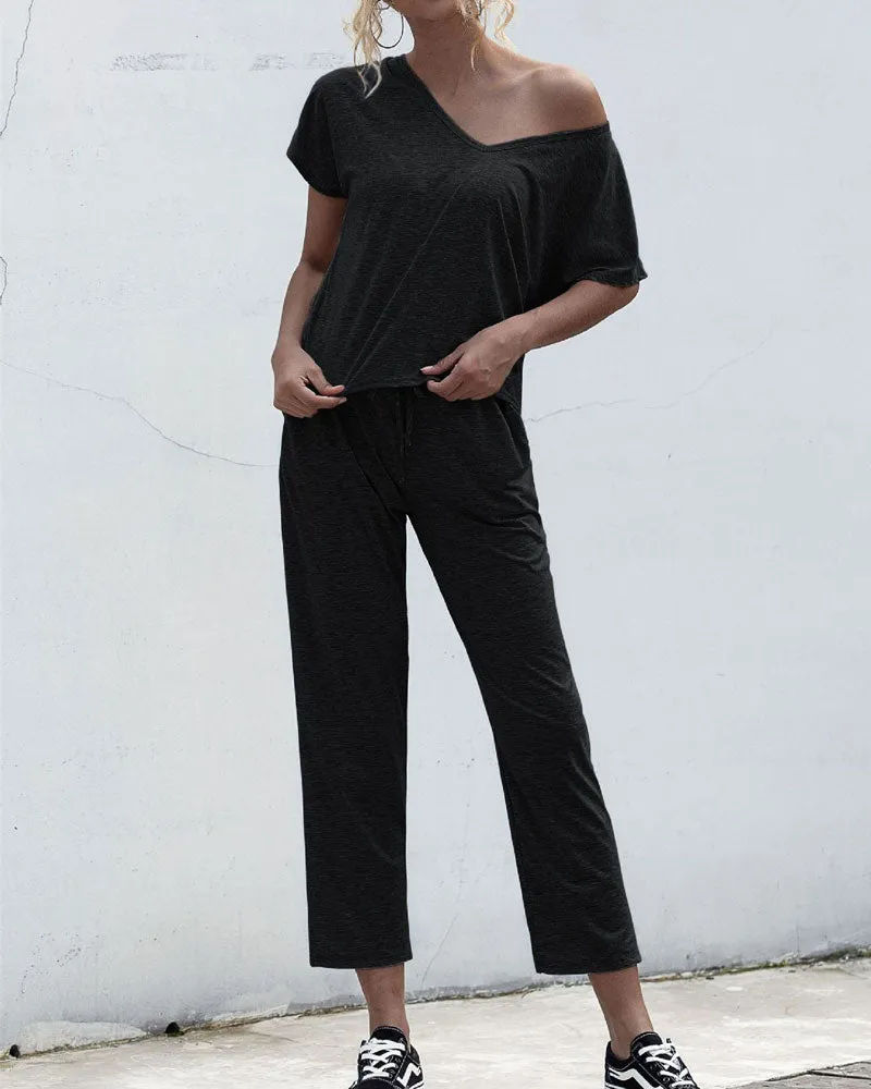 Lace-up Short Sleeve Two-piece One Shoulder Loungewear With Pocket