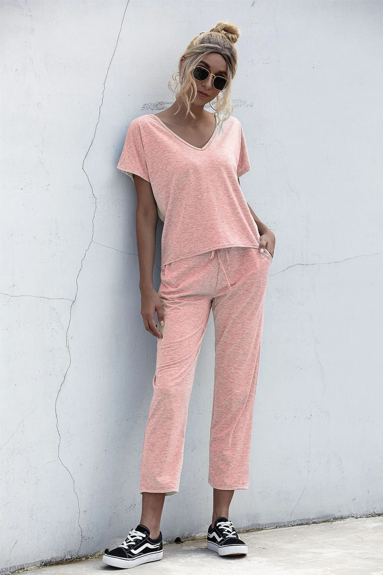 Lace-up Short Sleeve Two-piece One Shoulder Loungewear With Pocket
