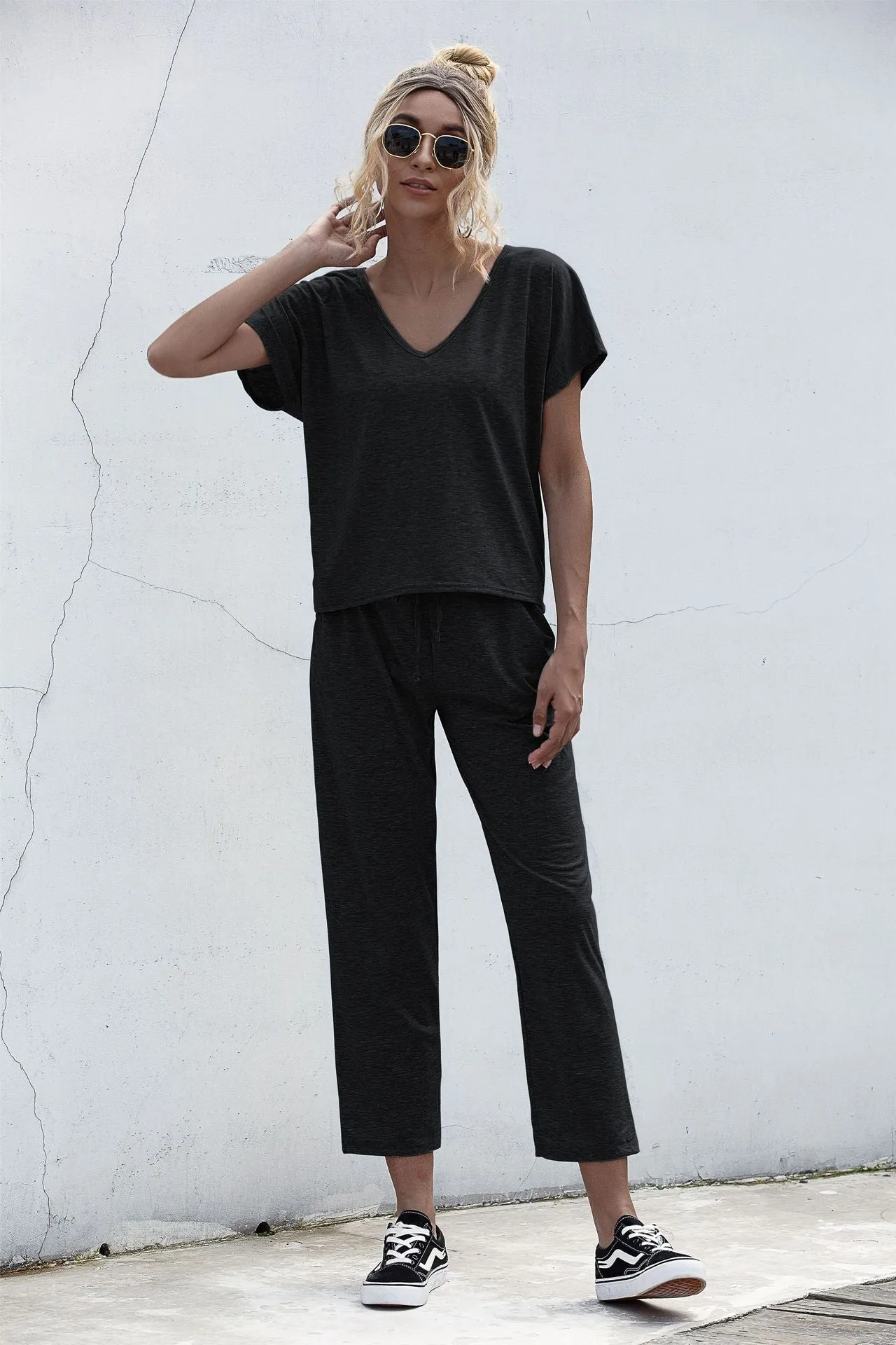 Lace-up Short Sleeve Two-piece One Shoulder Loungewear With Pocket