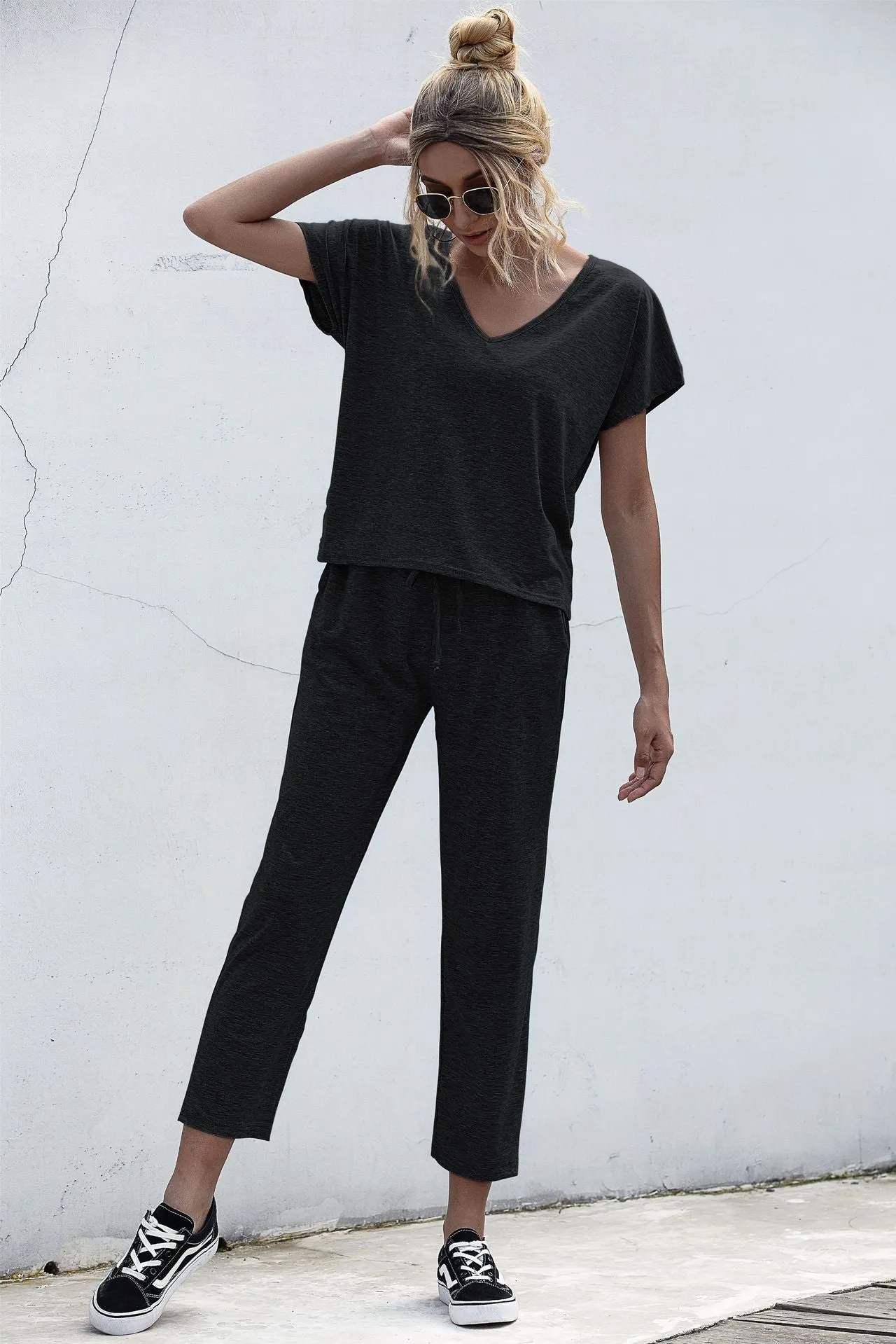 Lace-up Short Sleeve Two-piece One Shoulder Loungewear With Pocket