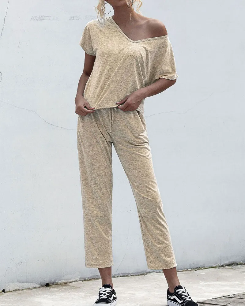 Lace-up Short Sleeve Two-piece One Shoulder Loungewear With Pocket